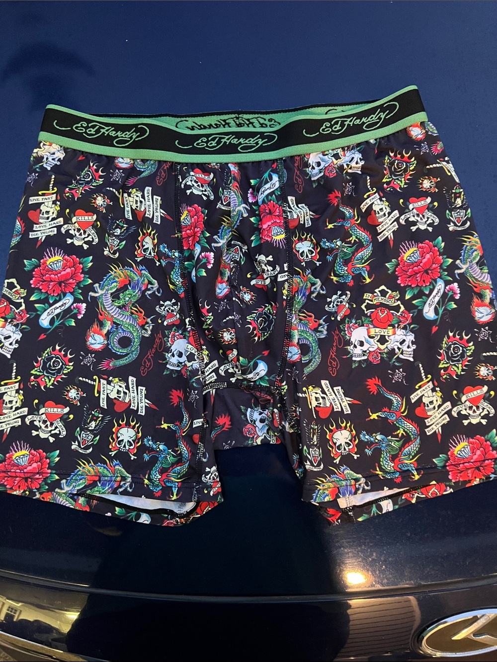 Ed Hardy Black Tattoo-Print Men’s Hybrid Shorts with Green Waistband